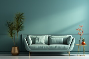 Fototapeta na wymiar Elegant empty living room with a blue sofa, plants, and a table on an empty green wall background, creating a serene and luxurious atmosphere