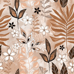 Seamless tropical monochrome pattern. White, brown flowers and leaves on a beige background.