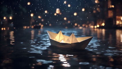 Paper boat sailing on the river in the rain