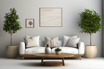 Elegant modern living room interior with a sofa and green plants, lamp, and a table on a white wall background, offering a clean and sophisticated design