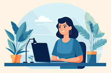 Fototapeta premium professional woman sitting with computer laptop working in flat design, ai