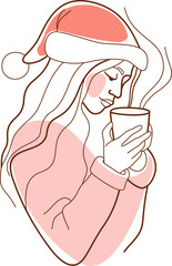 young woman in a santa hat drinking a cup of hot tea, coffee or cocoa. - 663821459