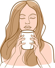 young woman drinking a cup of hot tea or coffee. Simple line drawing. - 663821462