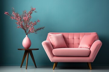 Elegant the interior has a pink armchair on an empty blue wall background, adding a pop of color and sophistication