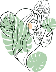 Line art portrait of a beautiful young woman with monstera leafes