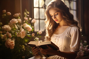 Beautiful girl is reading Bible