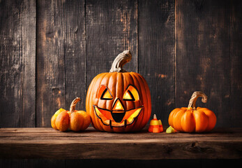 Halloween pumpkin on wooden background, 
Jack-o'-lantern on rustic wood, 
Spooky pumpkin decor, 
Autumn holiday still life