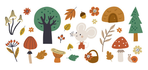Cute baby animal and forest elements collection. Mouse character. Hand drawn vector illustration set woodland, trees, flowers, berry, mushrooms isolated