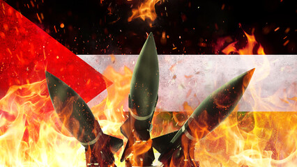 Palestinian flag and missile weapons on fire with sparks, concept. War in Palestine and the Gaza...