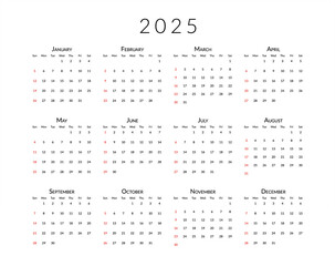 Print calendar template 2025 with months, weeks and dates. Planer design for personal and business...
