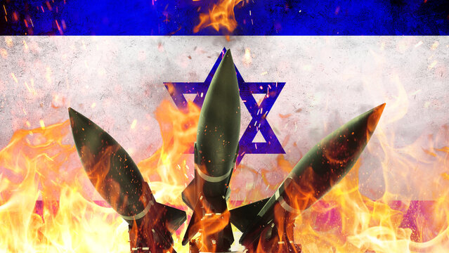 Shock missiles weapons and air defense on a background of Israel flag with fire and sparks, concept. War in Israel. Hamas terror attacks