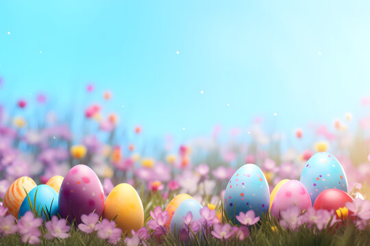 Bunte Osterfreuden - Ein fr&ouml;hlicher Hintergrund mit festlich gef&auml;rbten Ostereiern, der fr&uuml;hlingshafte Freude und Osterstimmung verbreitet