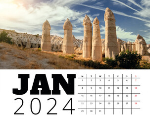 Print calendar template 2024 january month with Cappadocia valley of love nature landscape...