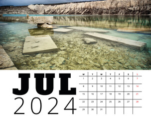 Print calendar template 2024 july month with Crimea nature landscape illustration. Planer design for personal and business use