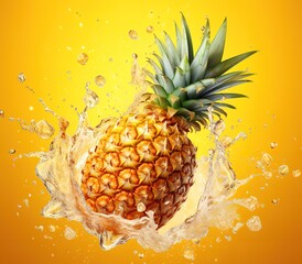 a fresh pineapple with splashes of water on a yellow background