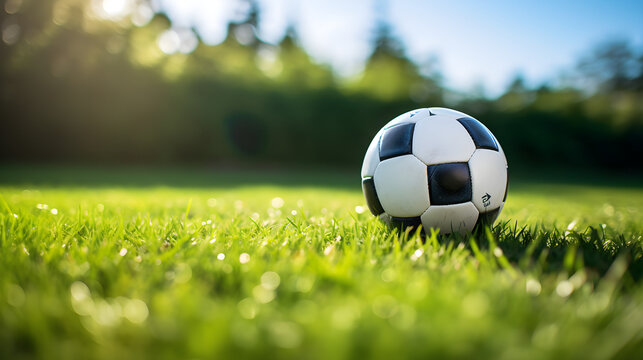 Soccer ball resting in the center of a verdant, sunlit field. Generative AI