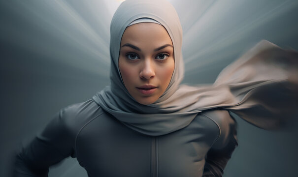 Young strong muslim sports fitness woman dressed in hijab running towards camera.