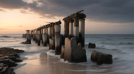 Jagged broken pier piling eroded by sea and bleached gray by the sun - Generative AI