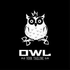 White minimalistic owl with white inserts in crown on branch. Logotype with text owl your tagline on black background. Vector illustration	