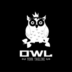 White minimalistic owl in crown on branch. Logotype with text owl your tagline on black background. Vector illustration	