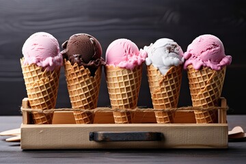 Various waffle ice cream cones in a row of different colors and flavors - obrazy, fototapety, plakaty
