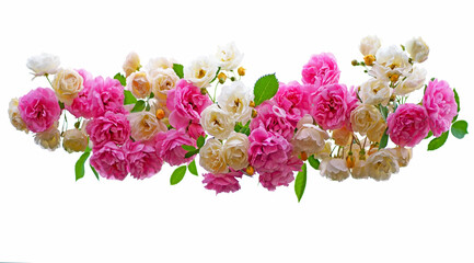 garland of bright summer white and pink roses on a white background