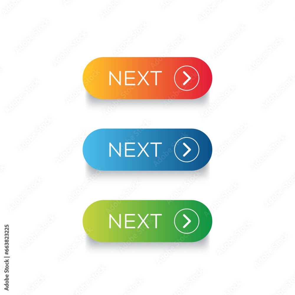 Poster next web buttons vector set with arrow isolated on white background.
