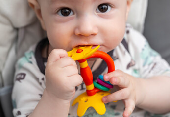 Handsome baby boy bites with his mouth a silicone massager with cooling for teeth gums. Teeth erupting in the gums. Pain and itching. - obrazy, fototapety, plakaty