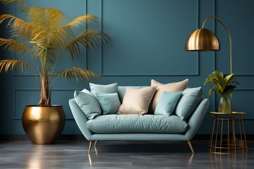 Luxurious interior of a bright living room with pillows on a sofa and armchair, plants, and a lamp on an empty blue wall background, creating an inviting and opulent space