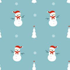 Christmas seamless pattern with snowman, snowflakes and christmas tree