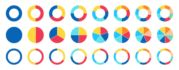 Pie charts diagrams. Set of different color circles isolated. Infographic element round shape. Collection of colorful diagrams with 1, 2, 3, 4, 5, 6, 7, 8 sections or steps. Vector illustration