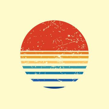 Vintage retro striped sunset graphic. Retro sunset over the sea or ocean with the silhouette of the sun and water. Retro sunset of 60s or 70s. Vector illustration