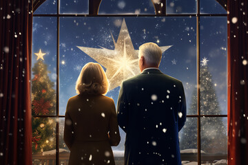 a senior couple standing by their christmas tree looking out their large picture window on a snowy scene with a star-cross in the sky