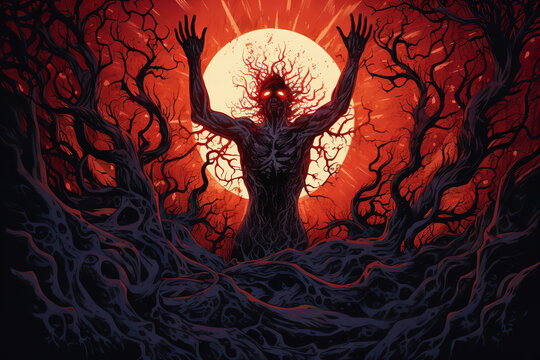 a demon image with fire in his hands, in the style of light red and dark navy, intricate illustrations