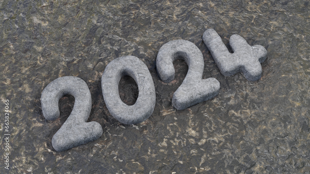Poster 3d rendering of the new year's date 2024 from stone and on a stone surface. the idea of solidity and