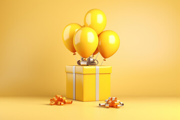 a box with a present and balloons on a yellow background