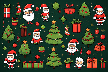 Christmas themed clipart with lots of clearly spaced icons, featuring a variety of traditional Christmas ornaments in colors that fit their real life color but including lots of holiday red and green,