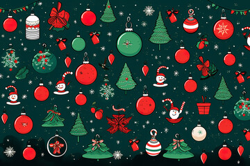 Christmas themed clipart with lots of clearly spaced icons, featuring a variety of traditional Christmas ornaments in colors that fit their real life color but including lots of holiday red and green,