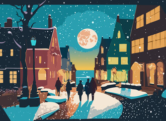 Beautiful winter landscape in imaginary city by sea side at night with illuminated buildings and moon rise.