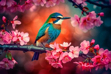 Beautiful bird on bright pink branch. Colorful wildlife bird with blue feathers. Generate ai