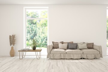 White living room with sofa and summer landscape in window. Scandinavian interior design. 3D illustration