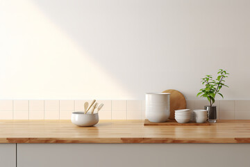 Fototapeta na wymiar Minimal cozy counter background with bright wood counter white Set of utensils in the kitchen,