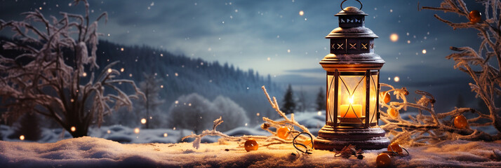 A lantern illuminates a snow-covered table outside in the winter snow. AI generativ. - obrazy, fototapety, plakaty