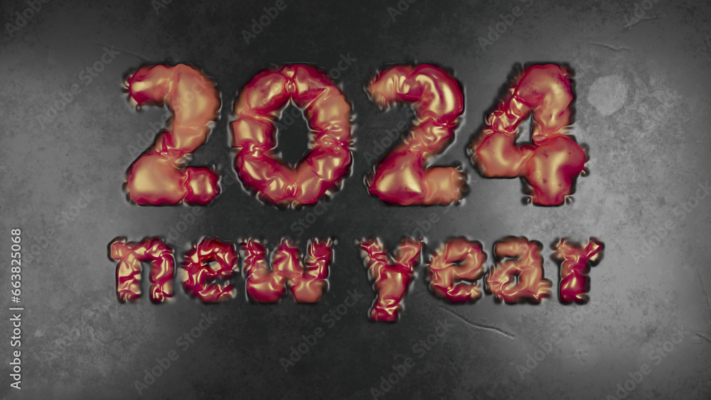 Aufkleber 3d rendering. the date of the new 2024 and the new year's text on the old metal surface. the date te