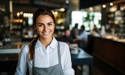 Smiling portrait of a woman barista in a Café, excellent customer service. 