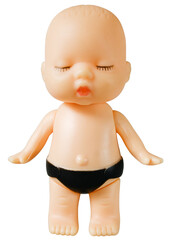 Doll toy figure of a baby isolated on a transparent background.
