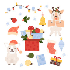 Christmas collection gifts. Cute joyful puppy pet, garland, gift boxes, balls, bell toy, Christmas stocking and Santa hat with holly. Vector illustration. Isolated New Year elements