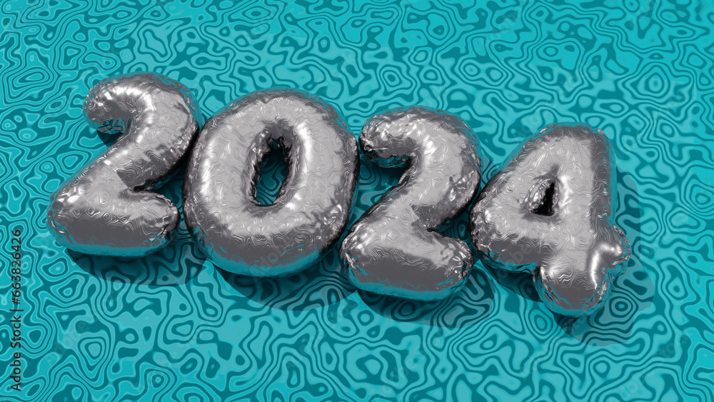 Poster 3d rendering of the date of the new year 2024. date 2024 of inflated balloons with wavy silver textu