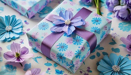 美しく包装されたプレゼントボックス　花やリボンでデコレーション