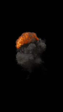 Video effect aerial massive explosion with smoke. 3d HQ animation in vertical aspect ratio 4K 2160x3840 resolution, 30fps with alpha channel (transparency).
